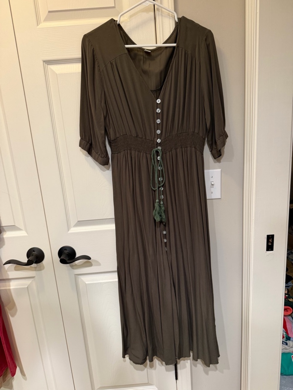 Olive Green Midi Button-Front Dress with Smocked Waist